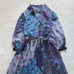 昭和レトロ 花柄×ペイズリー切替 ワンピース ベルト付き　ネイビー　総柄 J2