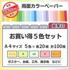 【特別価格】色画用紙 まとめ売り A4 超厚口タイプ（0.24㎜／5色×各20枚）全100枚／印刷対応カラーペーパー／差し込みPOP・作品展示・カード台紙・立体掲示に最適