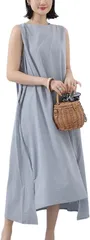 グリーンパキラ 上品 シンプル ワンピース 春夏 おしゃれ ノースリーブ ロング 体型カバー マキシ丈 レディース(ブルーグレー,  Free Size)