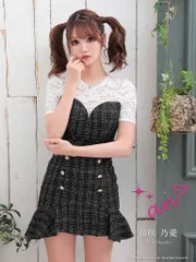 ブラック【SALE】【an/アン】ツイード/ チェック/ レース/ 半袖/ マーメイド/ ボタン/ ミニドレス/ キャバドレス / ワンピース/ ドレス [AOC-3521] [AOC-3384] S/M