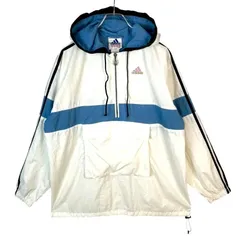 90sアディダスAdidas袖ラインアノラックパーカーナイロンジャケットプルオーバーフーディ3本線スリーストライプロゴ刺繍レトロカラー白オフホワイト水色ライトブルー茶色ブラウンピンクゆるダボオーバーサイズルーズシルエットvintageヴィンテージ50819