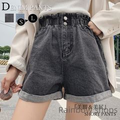 【新品未使用】デニムパンツ レディース ハイウエスト ショーパン ロールアップ ワイドショートパンツ ゆったり クラッシュ ホットパンツ j