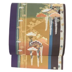 【中古】袋帯 正絹 唐織 リサイクル 紫 黒 緑 渋緑 青 赤茶 からし色 白 オフホワイト 金 松 花 藤 桜 さくら サクラ 菱 笹 仕 No.6-0941