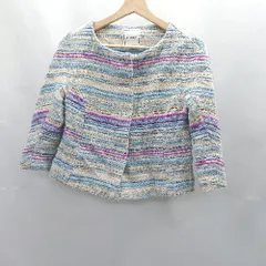 ◇ Θ anatelier アナトリエ ツイード ボーダー ノーカラー 長袖 ジャケット サイズ 38 ブルー系 レディース E  【1501160041418】