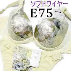 ♪[格安]61[E75＆Ⅼ]pan cuteソフトワイヤーブラショーツセット　ライムイエローグリーン系プリント　大きなカップサイズ 　新品未使用