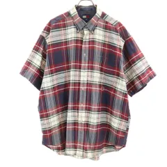 トミーヒルフィガー 90s オールド フラッグタグ チェック 半袖 ボタンダウンシャツ XL レッド系 TOMMY HILFIGER メンズ 古着 【240410】