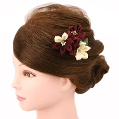 髪飾り 成人式 つまみ細工 赤 振袖 前撮り 袴 浴衣 夏祭り 花火大会 豪華3点セット ワインレッド 白 ちりめん おしゃれ バイカ No.9-4203