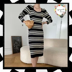 ワンピース ボーダー柄 ニットワンピース レトロ ロングワンピース スクエアネック レディース タイトワンピース おしゃれ 大人カジュアル 長袖 韓国風 着やせ 細見え 着回し ワンピ 秋 タイトなシルエット 女性らしい スリム 85YN-900519