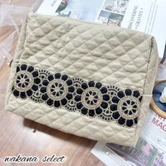 おむつポーチ ビッグポーチ 多機能ポーチ インド刺繍リボン キルティング ベージュ 花柄 ブラック 012