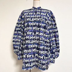 MSGM イタリア製 2018 グラフィック ロゴ×チェック オーバーサイズ バンドカラーシャツ ボリューム袖 ルーズシルエット ロゴ総柄シャツのサムネイル