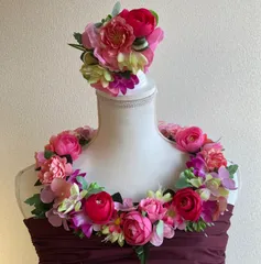 ピンクパープル　レイ＊ココ　セット　フラダンス衣装　髪飾り　ヘアクリップ