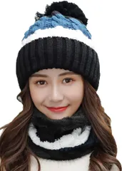 infage ネックウォーマー ニット帽 レディース セット 防寒 スキー スノボ 秋 冬( ブラックターコイズブルー,  Free Size)