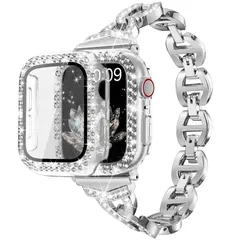 【人気商品】ステンレス アップルウォッチバンド（シルバー ベルト アップルウォッチ バンド、一つ透明ケース付き，44mm ダイヤモンドラインストーンAppleWatchケース付き バンド series Watch Apple 6/5/4/SE） 【Daturu