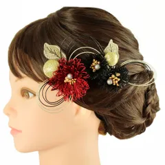 髪飾り 成人式 水引 振袖 前撮り 袴 花 2点セット 赤 黒 ゴールド 玉飾り リーフ 葉 ビーズ ユニーク 個性的 小さい Uピン 大 No.9-5221