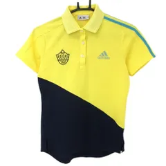 ★特価★【美品】アディダス 半袖ポロシャツ イエロー×ネイビー 織生地 ロゴ刺しゅう 肩・袖3ライン レディース M/M ゴルフウェア adidas