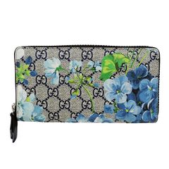 グッチ GUCCI 財布 レディース ブランド 長財布 GGブルームス ブルー ベージュ 546355 ラウンドファスナー フラワー 花柄 おしゃれ 可愛い 【中古】