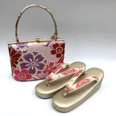 振袖用草履バックセット 草履Mサイズ（22～23.5cm）沙織 赤ピンク紫 桜柄 正絹  パルトーン加工済み 古典柄振袖に合う可愛い和装バック Japanese kimono sandals and bag