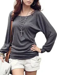 B-talk(ビートーク) BT22 ゆったり カットソー Tシャツ シンプル 長袖 ロング トップス レディース 無地( グレー,  M)