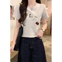刺繍フラワー タイドTシャツ レディース 夏 半袖 スリムフィット ラウンドネック 綿100%