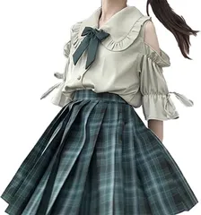 TatickCuftumes 学生服 JK 制服 コスプレ 肩出し スクール制服 上下セット セーラー服 セクシー 正統派 フル セットアップ スカート 大きいサイズ 可愛い コスチューム 衣装 女性用 レディース 仮装(グリーン,  Sサイズ)