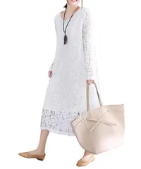 [グリーンパキラ] 総レース ロングワンピース 長袖 ゆったり 体型カバー レースワンピース レディース きれいめ ワンピース お洒落ワンピース Aライン 春 夏 秋 40代 50代 60代 7色 (XL, ホワイト) [ホワイト] [XL]