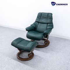 【展示品】EKORNES エコーネス Stressless Reno Classic ストレスレス レノ クラシック リクライニング ラウンジ チェア オットマン付き ウォールナット レザー グリーン 定価44万