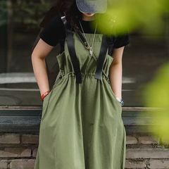 【Maden】グリーンサスペンダーノースリーブドレス