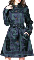 Pualani Bloom プアラニブルーム レインコート レディース ミドル丈 フード付き 収納バッグ付(グリーンチェック,  Free Size)