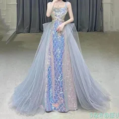 イブニングドレス ノースリーブ ノースリーブ ロングドレス 七色  鱗模様 スパンコール キラキラ キレイめ 発表会ドレス フィッシュテール 演奏会ドレス パーティードレス 結婚式 1064