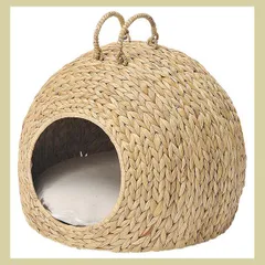 『ウォーターヒヤシンス』（２Ｐセット）ペット専用バスケット（かごハウス）／ナチュラル　※小動物,キャリー,バッグ,かばん,小屋,籐風,犬猫専用,ペット,ケージ,取っ手,持ち運び,家,安い,リーズナブル,人気素材,天然素材