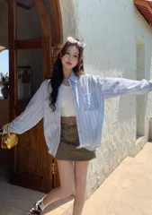 レディース トップス シャツ 前開き 長袖 ポロカラー ワイド オーバーサイズ ボタン 薄手 かわいい 大人可愛い カジュアル おしゃれ ストライプ 夏 水色