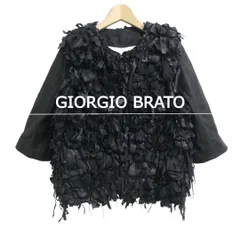 美品 GIORGIO BRATO ジョルジオブラット レザージャケット ブルゾン 七分袖 フリンジ 裏地シルク 花柄 レザー 本革 ブラック サイズ38 レディース 古着 中古