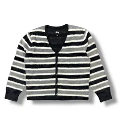参考上代29700円 STUSSY Horizontal Stripe Cardigan ホリゾンナルストライプカーディガン ニット セーター ステューシー ブラック×ホワイト×グレー L  91580A5のサムネイル
