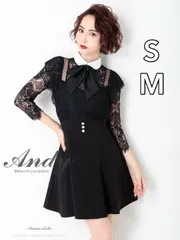 ブラック [OK2728-WxB-2306] 【ANDY/アンディ】襟付き/ ハイネック/ リボン/ レース/ 切替/ 七分袖/ 長袖/ 袖あり/ フレア/ ミニドレス/ キャバドレス/ナイトドレスワンピース