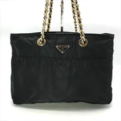 良品 PRADA プラダ ナイロン テスート 三角ロゴプレート キルティング チェーン ショルダー トート バッグ ブラック a6242