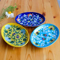 陶器飾り皿　インド　ブルーポタリー　楕円形