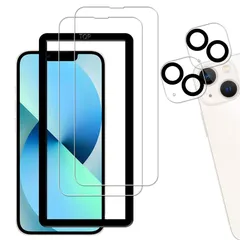 【2+2枚セット】ガイド枠付き KPNS 日本素材製 強化ガラス iPhone13 Mini 用 ガラスフィルム カメラフィルム カバー 保護フィルム 0