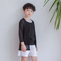 在庫処分中 【ブラック/100-140】カーディガン 薄手 日除け 紫外線対策 冷え予防 軽い 通気性 速乾 柔らかい 七分袖 重ね着 シンプル 定番 羽織 無地 透け感 シアー ロング丈 お尻を隠す