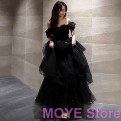 新品未使用 オフショルダー ロングドレス ブラック 2025新作 フランス風 パーティードレス 豪華感 ボリュームスカート 成人式 演奏会 婚礼用 写真撮影