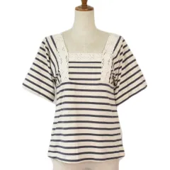 グリーンレーベルリラクシング ユナイテッドアローズ green label relaxing カットソー ボーダー スクエアネック レース ワイドスリーブ ベージュ