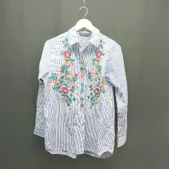 ◇ ZARA WOMAN ストライプ柄 花柄 刺繍 フロントボタン 長袖 シャツ サイズUSA M ブルー ホワイト レディース E 【1308160018491】
