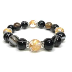 12mm 四神獣金彫水晶×チベットアゲート（天眼石） パワーストーン ブレスレット天然石 運気上昇 金運 ギャンブル運 お守り （シルバー）メンズ・レディース　男性・女性　数珠ブレス　開運 [f]