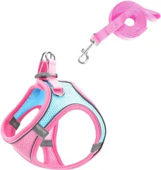 ルナリ 超小型犬 猫用 ハーネス リード 2点セット 調節可能 メッシュ 通気性 軽量 ソフト ベスト 小動物 散歩( ピンク,  XXS)