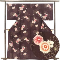 小紋 身丈163cm 裄65cm 前幅24cm 後幅29.5cm 袖丈49cm 袖幅33cm レディース 単衣 花柄 裄Mサイズ 初夏・初秋用 ポリエステル ブラウン 美品 リメイク リユース リサイクル【呉服のきくや】