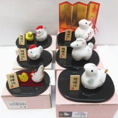 雅峰 開運干支 干支 置物 6個セット 酉 午 へび うさぎ 土鈴 陶器 ガラス スワロフスキー エレメント 使用 クリスタル 6個 箱 E99Z