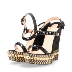 Christian Louboutin クリスチャンルブタン CATACLOU カタクロウ ピラミッドスパイク サテン × ファブリック ストラップ ウェッジソールサンダル レディース 36 ブラック スペイン製