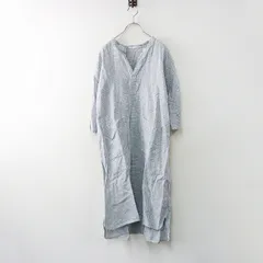 フォグリネンワーク fog linen work チェック柄 Vネックワンピース‖ホワイト×ネイビー ドレス ロング 長袖 【2400014626520】