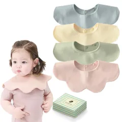 新品 [GoUseGo] ベビー 防水スタイ 4枚セット スムース綿 赤ちゃん 大きめ 花びら 360度スタイ 韓国風 無地 女の子 男の子 よだれかけ コットン100% ナチュラル 新生児 ベビーギフト 出産祝い