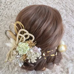 ヘッドドレス 髪飾り＊結婚式 成人式 卒業式 和装 打掛 振袖 袴~ソラローズ 和玉 ロープ 水引 金箔~グリーン 緑 黄緑 15本