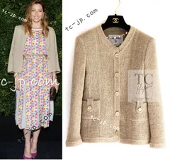 シャネル ジャケット CHANEL 一番人気 ベージュ 豪華 CC パール ボタン コットン ノーカラー カール・ラガーフェルド作品 36 38